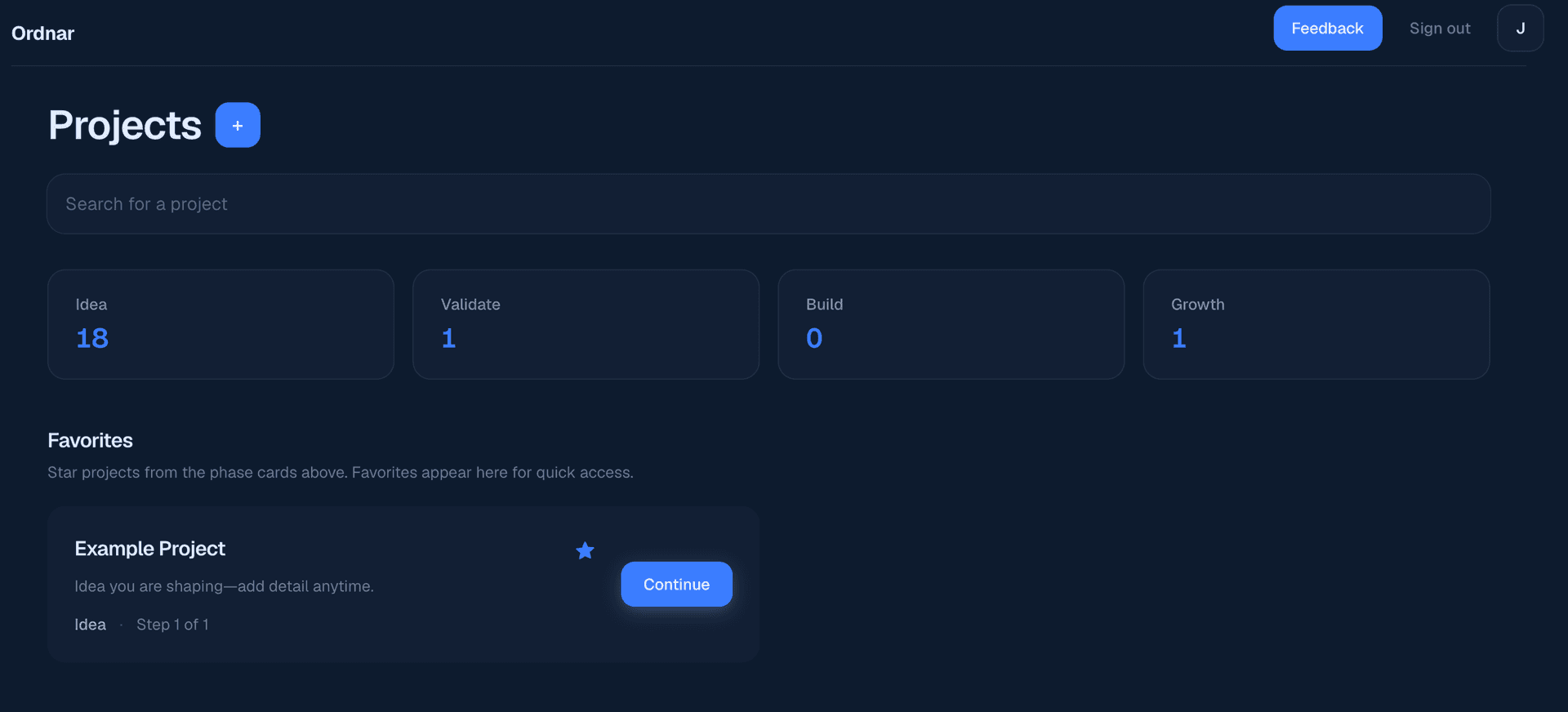 Ordnar dashboard — guided phases from idea to first sale